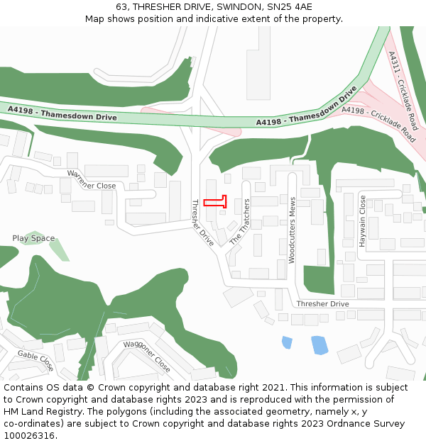63, THRESHER DRIVE, SWINDON, SN25 4AE: Location map and indicative extent of plot