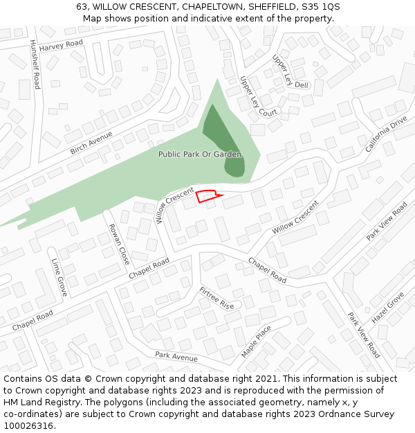 63, WILLOW CRESCENT, CHAPELTOWN, SHEFFIELD, S35 1QS: Location map and indicative extent of plot