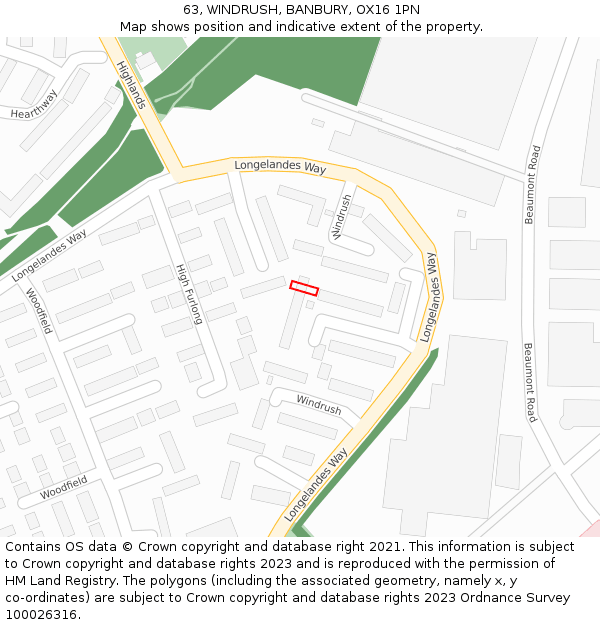 63, WINDRUSH, BANBURY, OX16 1PN: Location map and indicative extent of plot
