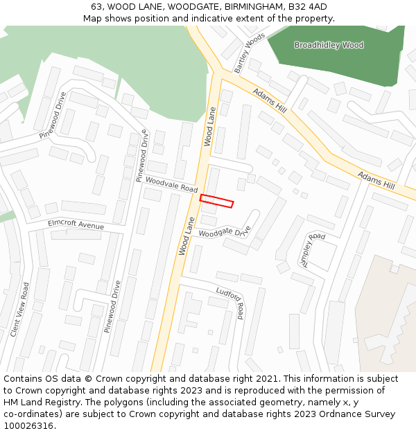 63, WOOD LANE, WOODGATE, BIRMINGHAM, B32 4AD: Location map and indicative extent of plot