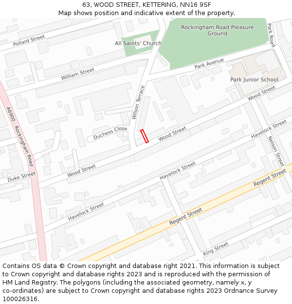 63, WOOD STREET, KETTERING, NN16 9SF: Location map and indicative extent of plot