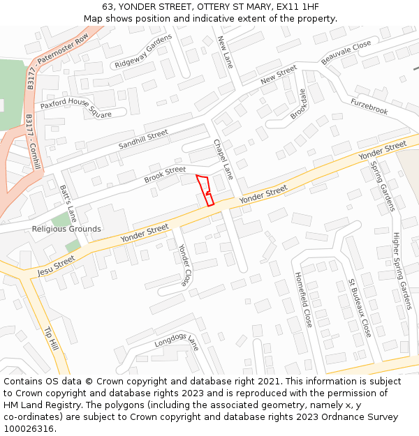 63, YONDER STREET, OTTERY ST MARY, EX11 1HF: Location map and indicative extent of plot