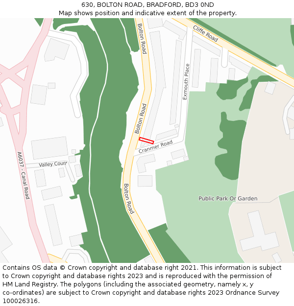 630, BOLTON ROAD, BRADFORD, BD3 0ND: Location map and indicative extent of plot
