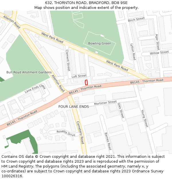 632, THORNTON ROAD, BRADFORD, BD8 9SE: Location map and indicative extent of plot