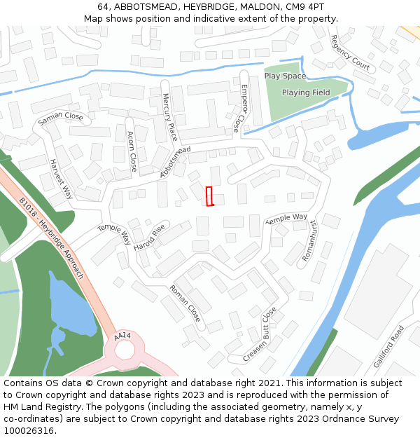 64, ABBOTSMEAD, HEYBRIDGE, MALDON, CM9 4PT: Location map and indicative extent of plot
