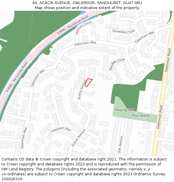64, ACACIA AVENUE, OWLSMOOR, SANDHURST, GU47 0RU: Location map and indicative extent of plot
