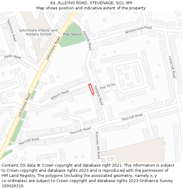 64, ALLEYNS ROAD, STEVENAGE, SG1 3PP: Location map and indicative extent of plot