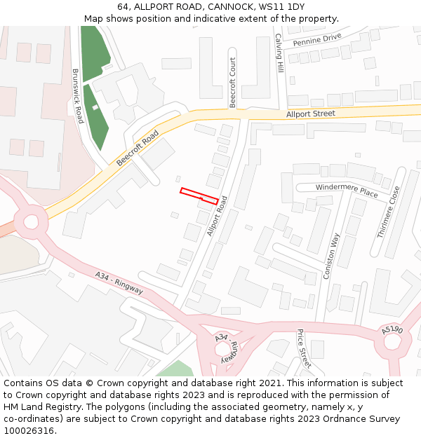 64, ALLPORT ROAD, CANNOCK, WS11 1DY: Location map and indicative extent of plot