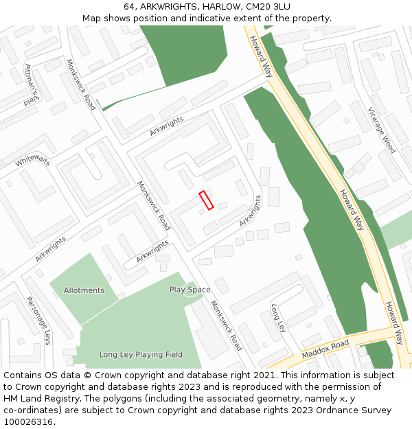 64, ARKWRIGHTS, HARLOW, CM20 3LU: Location map and indicative extent of plot