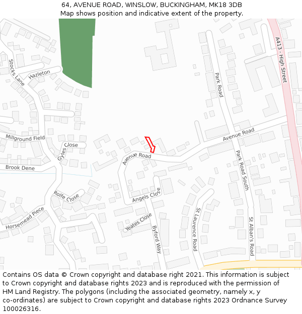 64, AVENUE ROAD, WINSLOW, BUCKINGHAM, MK18 3DB: Location map and indicative extent of plot