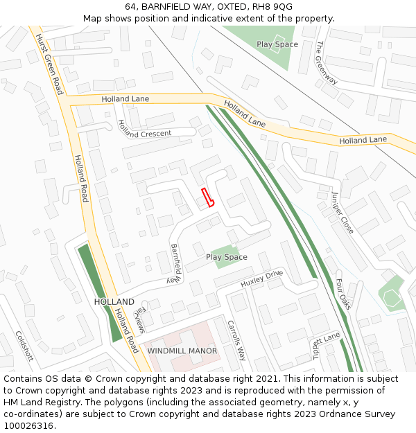 64, BARNFIELD WAY, OXTED, RH8 9QG: Location map and indicative extent of plot
