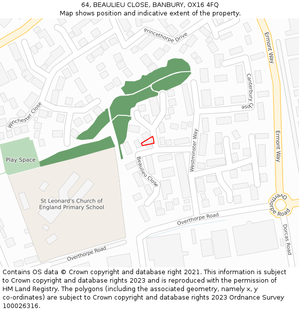 64, BEAULIEU CLOSE, BANBURY, OX16 4FQ: Location map and indicative extent of plot