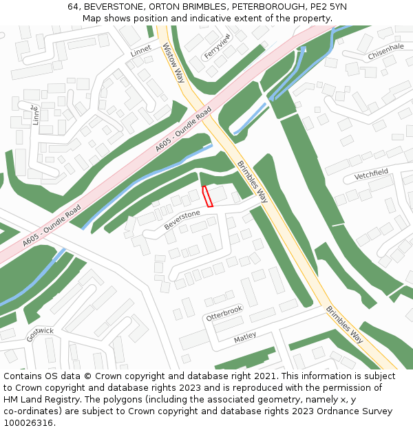 64, BEVERSTONE, ORTON BRIMBLES, PETERBOROUGH, PE2 5YN: Location map and indicative extent of plot