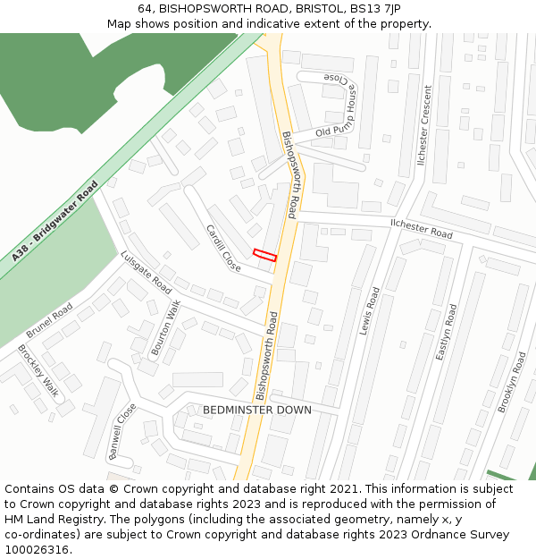 64, BISHOPSWORTH ROAD, BRISTOL, BS13 7JP: Location map and indicative extent of plot
