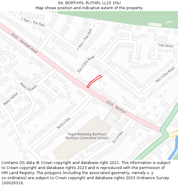 64, BORTHYN, RUTHIN, LL15 1NU: Location map and indicative extent of plot