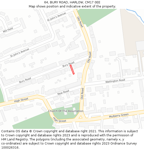 64, BURY ROAD, HARLOW, CM17 0EE: Location map and indicative extent of plot