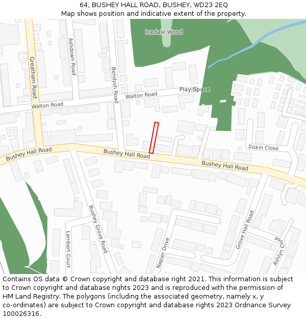 64, BUSHEY HALL ROAD, BUSHEY, WD23 2EQ: Location map and indicative extent of plot