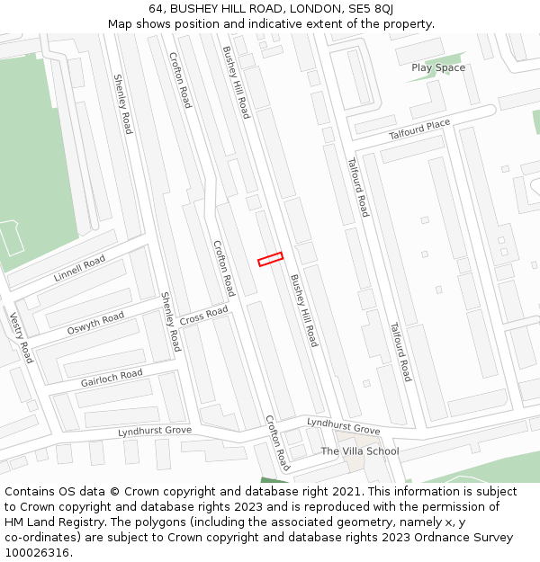 64, BUSHEY HILL ROAD, LONDON, SE5 8QJ: Location map and indicative extent of plot