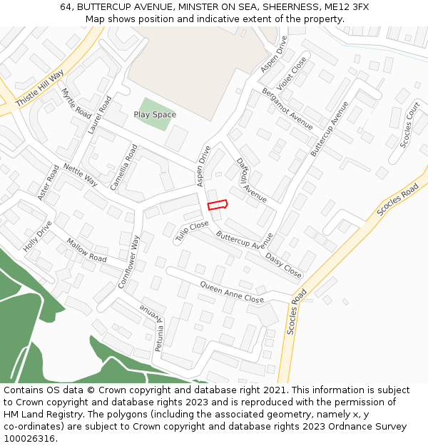 64, BUTTERCUP AVENUE, MINSTER ON SEA, SHEERNESS, ME12 3FX: Location map and indicative extent of plot