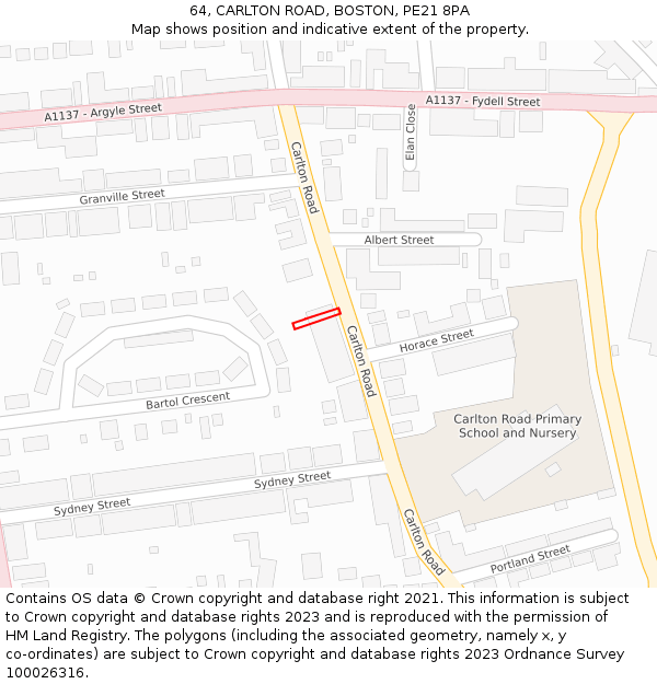 64, CARLTON ROAD, BOSTON, PE21 8PA: Location map and indicative extent of plot