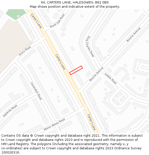 64, CARTERS LANE, HALESOWEN, B62 0BS: Location map and indicative extent of plot