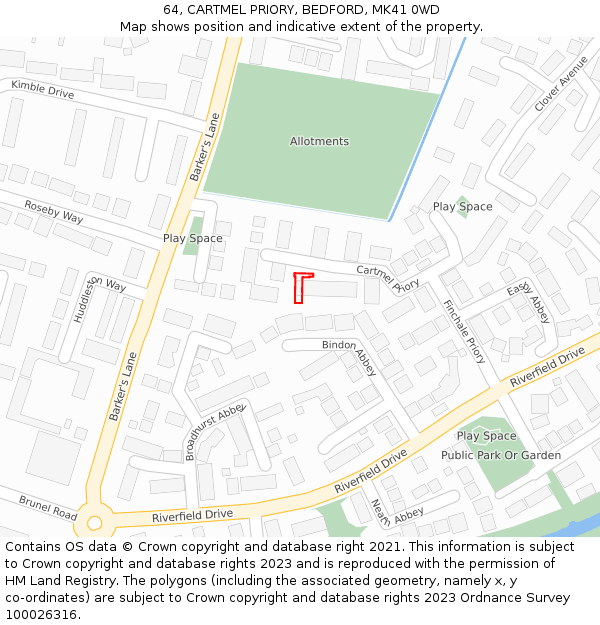 64, CARTMEL PRIORY, BEDFORD, MK41 0WD: Location map and indicative extent of plot