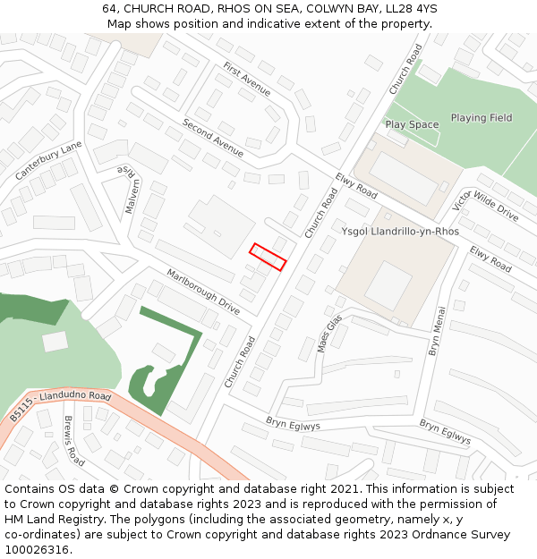 64, CHURCH ROAD, RHOS ON SEA, COLWYN BAY, LL28 4YS: Location map and indicative extent of plot