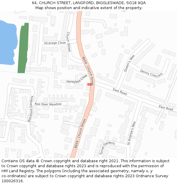 64, CHURCH STREET, LANGFORD, BIGGLESWADE, SG18 9QA: Location map and indicative extent of plot