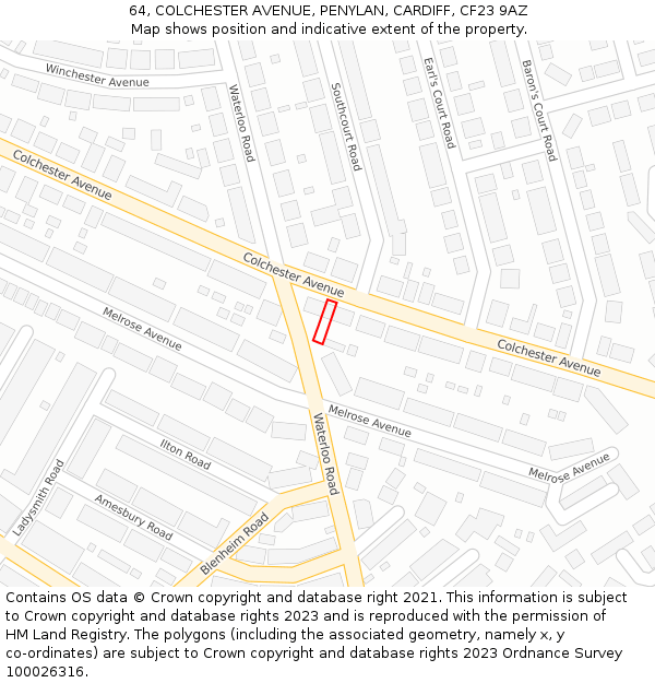 64, COLCHESTER AVENUE, PENYLAN, CARDIFF, CF23 9AZ: Location map and indicative extent of plot