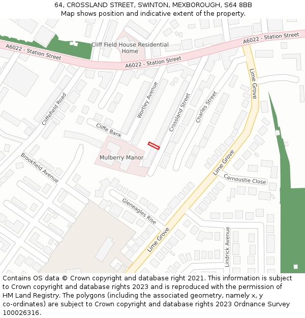 64, CROSSLAND STREET, SWINTON, MEXBOROUGH, S64 8BB: Location map and indicative extent of plot