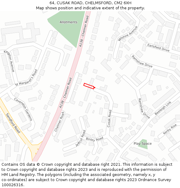 64, CUSAK ROAD, CHELMSFORD, CM2 6XH: Location map and indicative extent of plot