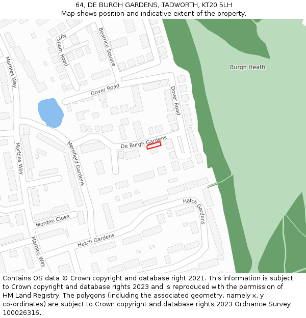 64, DE BURGH GARDENS, TADWORTH, KT20 5LH: Location map and indicative extent of plot