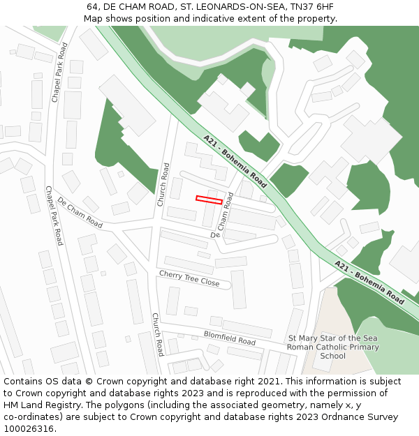 64, DE CHAM ROAD, ST. LEONARDS-ON-SEA, TN37 6HF: Location map and indicative extent of plot