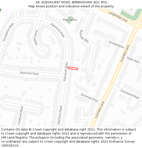 64, EDENHURST ROAD, BIRMINGHAM, B31 4PQ: Location map and indicative extent of plot