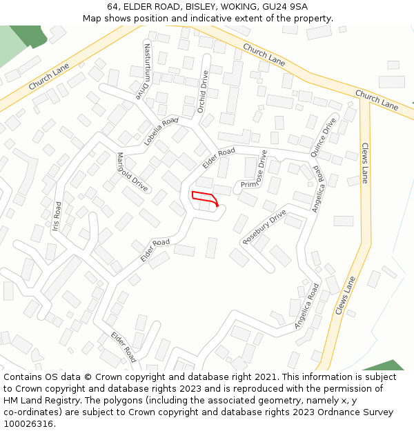 64, ELDER ROAD, BISLEY, WOKING, GU24 9SA: Location map and indicative extent of plot