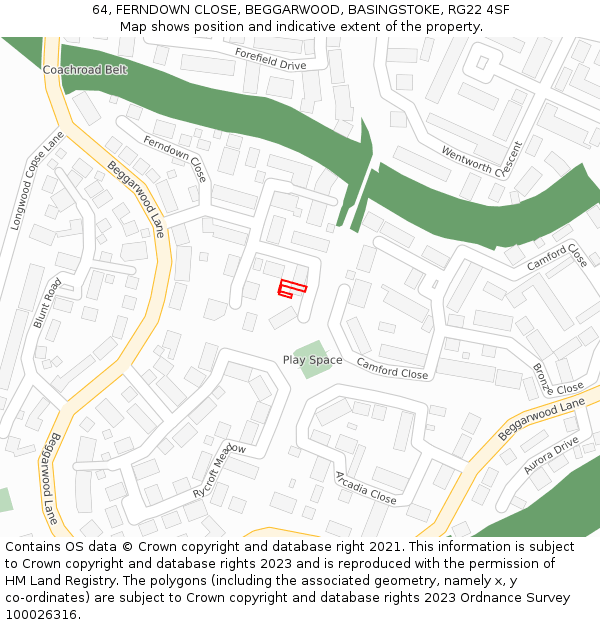 64, FERNDOWN CLOSE, BEGGARWOOD, BASINGSTOKE, RG22 4SF: Location map and indicative extent of plot