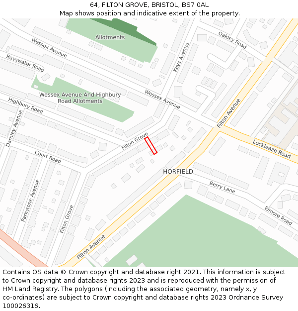 64, FILTON GROVE, BRISTOL, BS7 0AL: Location map and indicative extent of plot