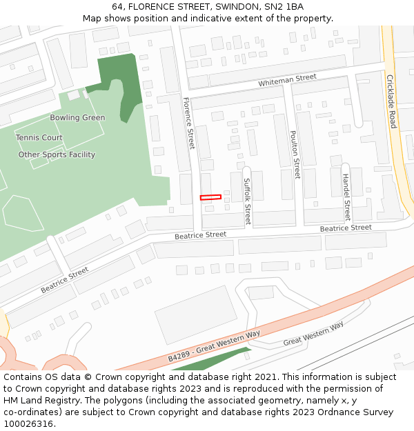 64, FLORENCE STREET, SWINDON, SN2 1BA: Location map and indicative extent of plot