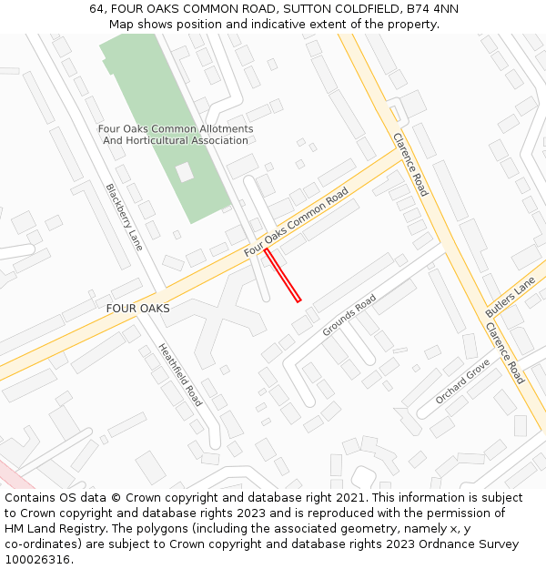 64, FOUR OAKS COMMON ROAD, SUTTON COLDFIELD, B74 4NN: Location map and indicative extent of plot