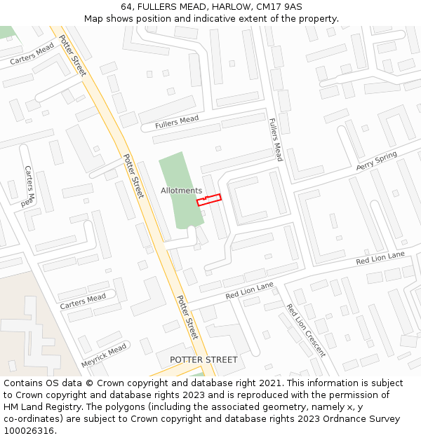 64, FULLERS MEAD, HARLOW, CM17 9AS: Location map and indicative extent of plot