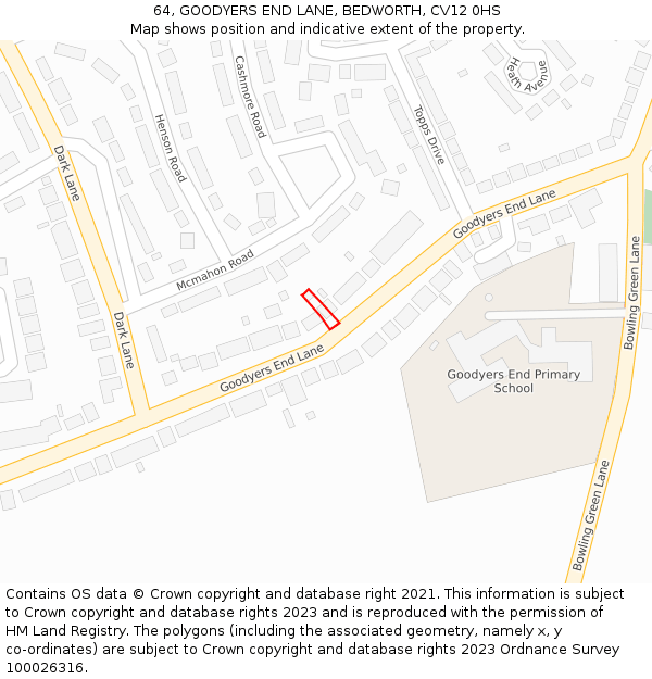 64, GOODYERS END LANE, BEDWORTH, CV12 0HS: Location map and indicative extent of plot