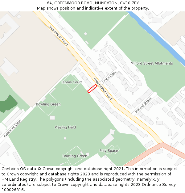 64, GREENMOOR ROAD, NUNEATON, CV10 7EY: Location map and indicative extent of plot