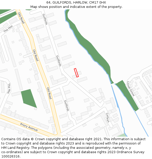 64, GUILFORDS, HARLOW, CM17 0HX: Location map and indicative extent of plot
