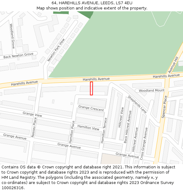 64, HAREHILLS AVENUE, LEEDS, LS7 4EU: Location map and indicative extent of plot