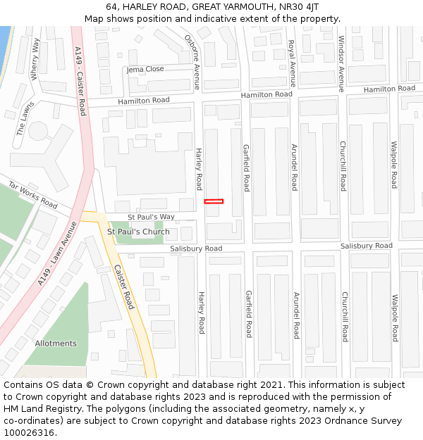 64, HARLEY ROAD, GREAT YARMOUTH, NR30 4JT: Location map and indicative extent of plot