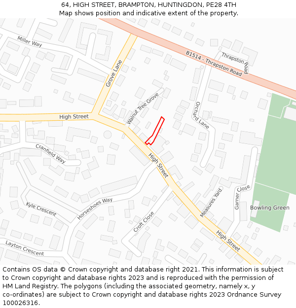 64, HIGH STREET, BRAMPTON, HUNTINGDON, PE28 4TH: Location map and indicative extent of plot