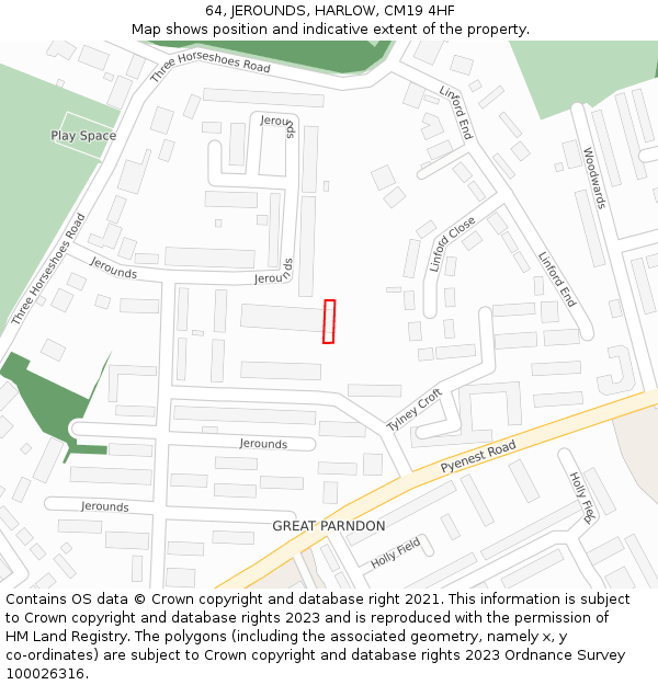 64, JEROUNDS, HARLOW, CM19 4HF: Location map and indicative extent of plot
