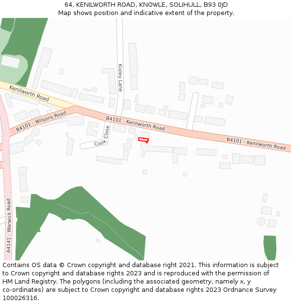 64, KENILWORTH ROAD, KNOWLE, SOLIHULL, B93 0JD: Location map and indicative extent of plot