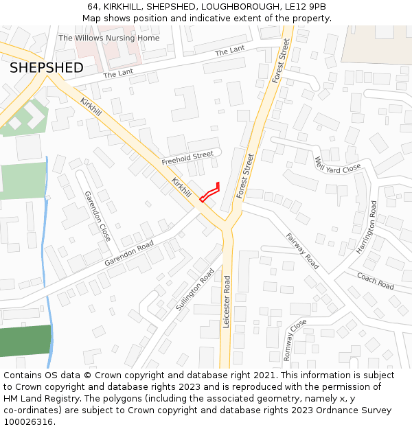 64, KIRKHILL, SHEPSHED, LOUGHBOROUGH, LE12 9PB: Location map and indicative extent of plot