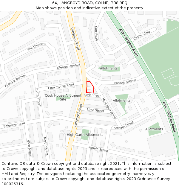64, LANGROYD ROAD, COLNE, BB8 9EQ: Location map and indicative extent of plot